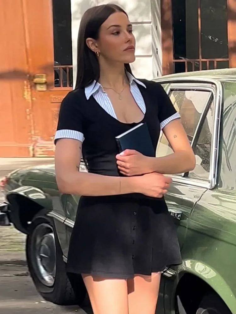 Knit Buttoned Collar Short Sleeve Mini Dress