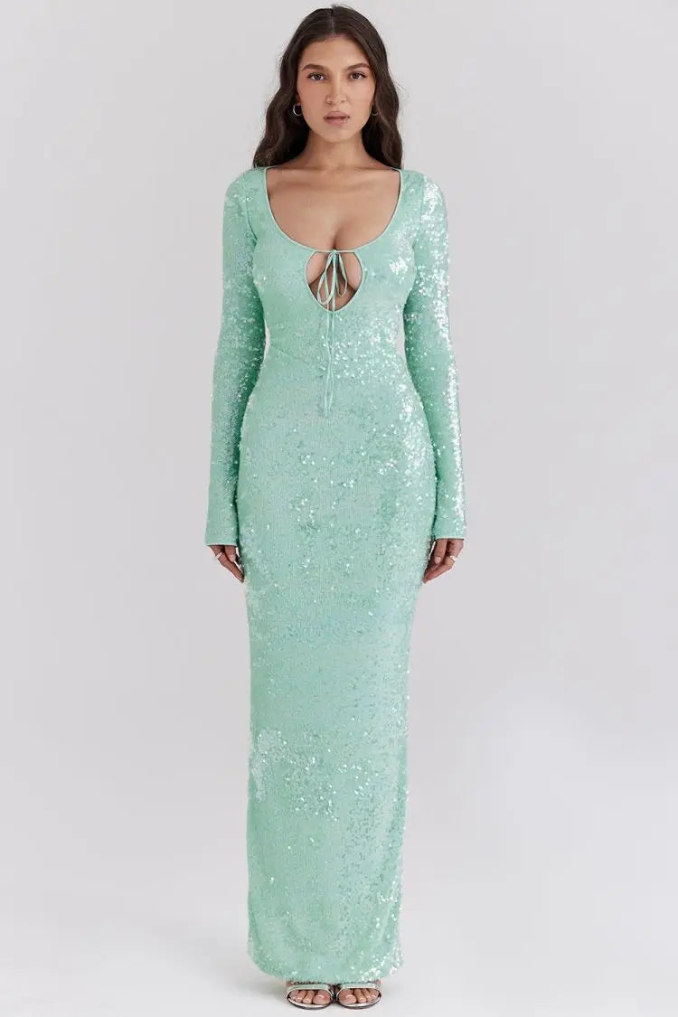 Green Sequin Long Sleeve Maxi Dress