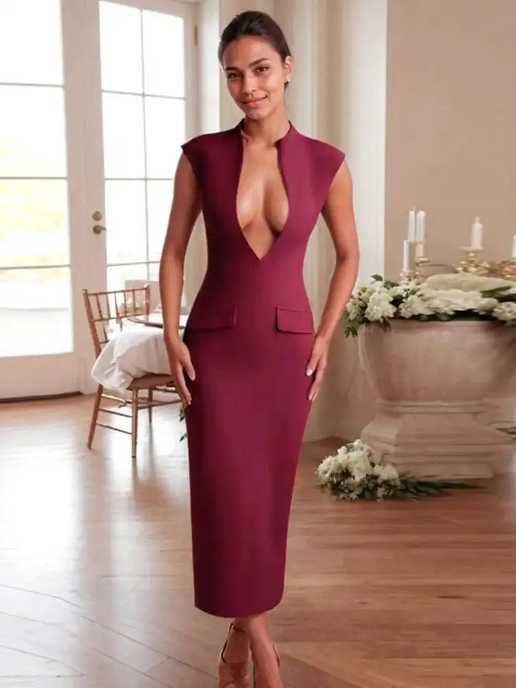 Deep Neck Short Sleeve Solid Midi Dress