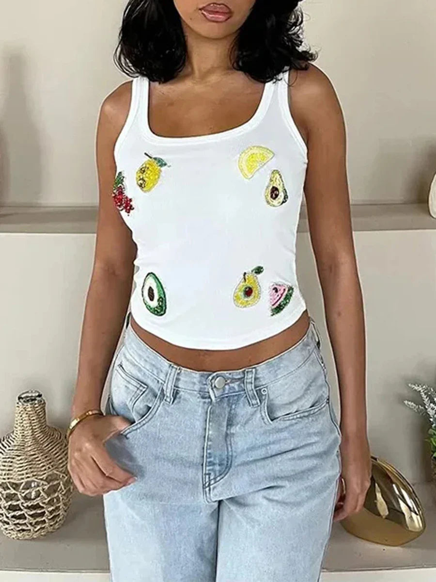 Patchwork Sequins White Tank Top