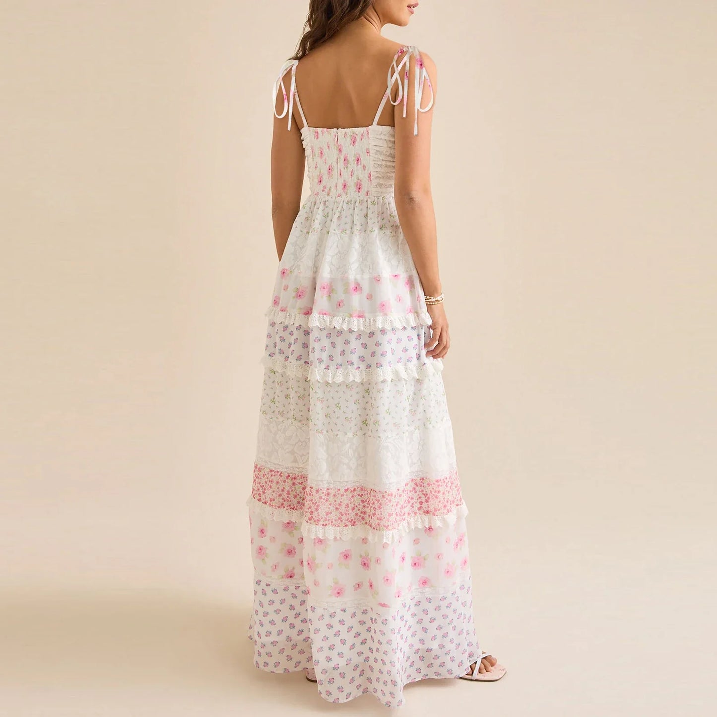 Whimsical Floral Patchwork Tiered Maxi Dress - Spaghetti Strap Summer Gown