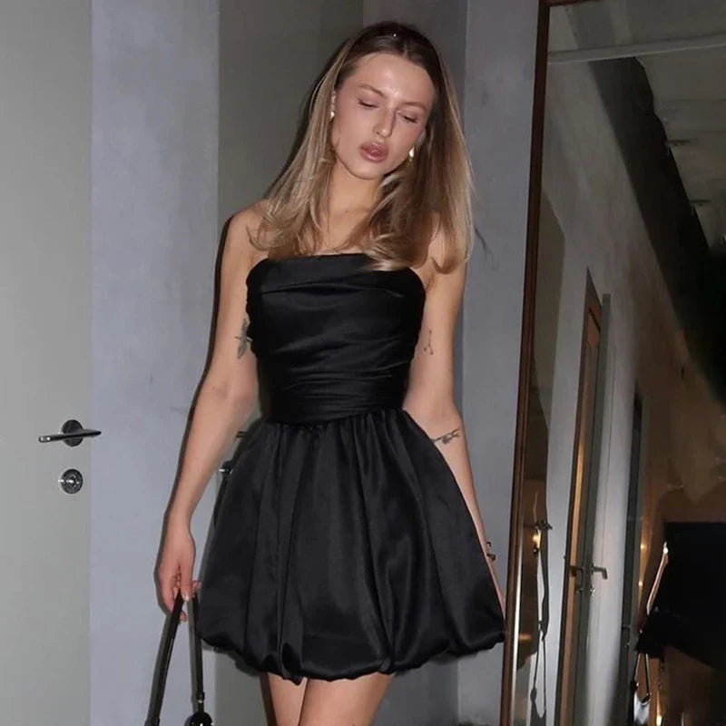 Satin Puff Ruched Tube Mini Dress