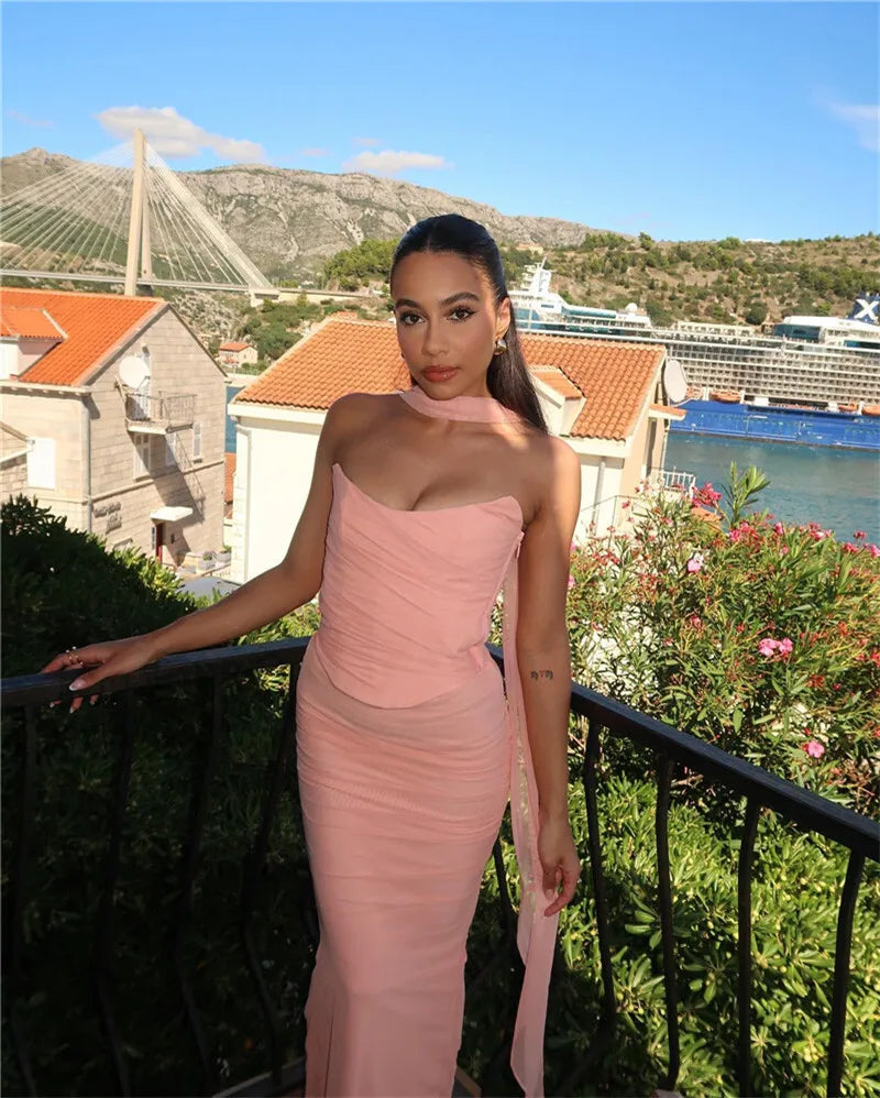 Solid Ruched Corset Top And Body-con Maxi Dress With Scarf Set