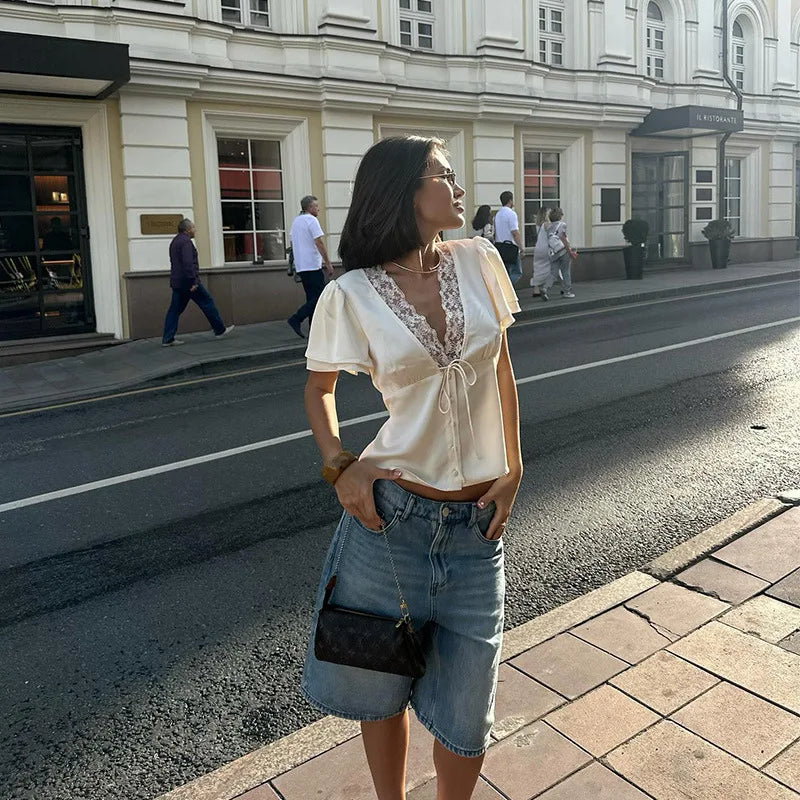 White Lace V-Neck Top