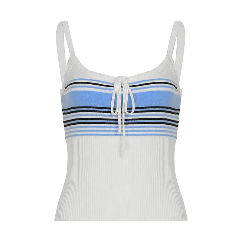 White Contrast Stripes Knitted Cami Top And Pants Set