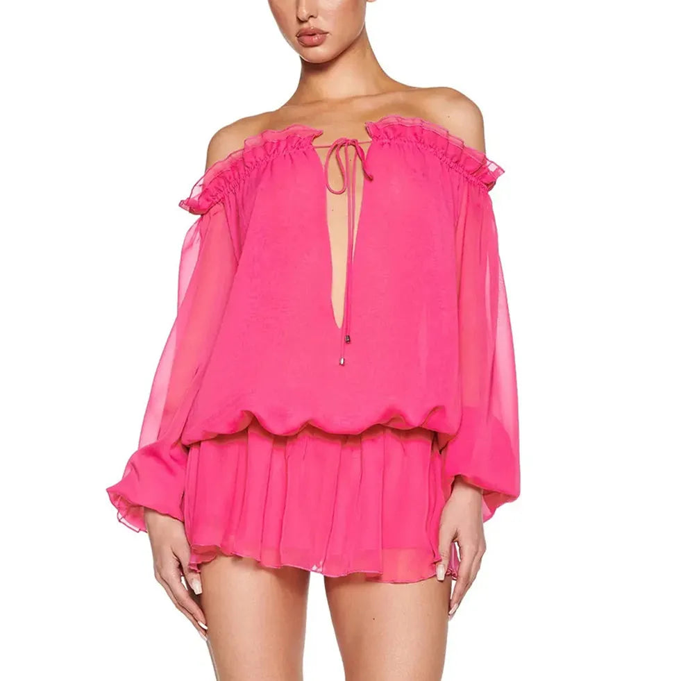 Pink Off-Shoulder Long Sleeve Lace-up Mini Dress