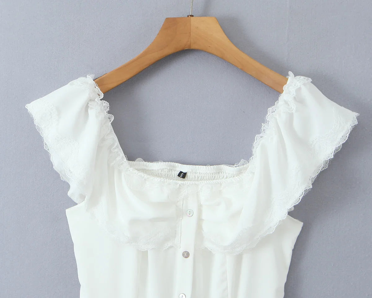 Ruffles Off-shoulder Button Polka Dot Mini Dress