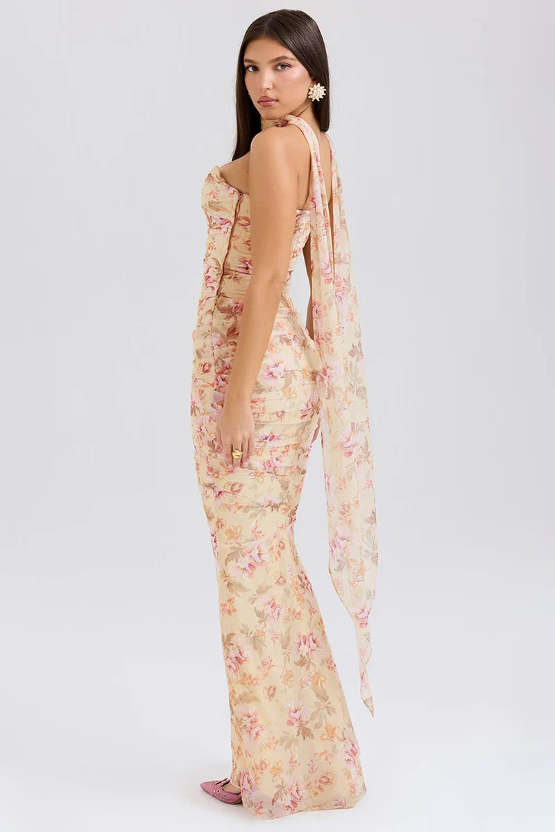 Corset Top With Long Scarves  And Body-con Midi Skirt Set