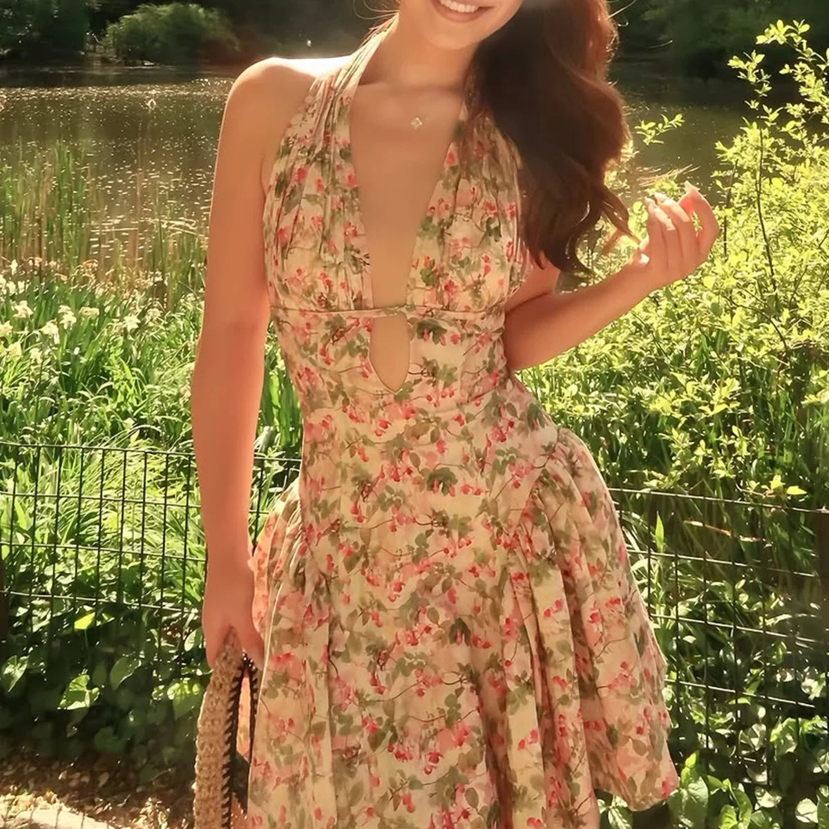 Floral Deep Halter Neck Mini Dress