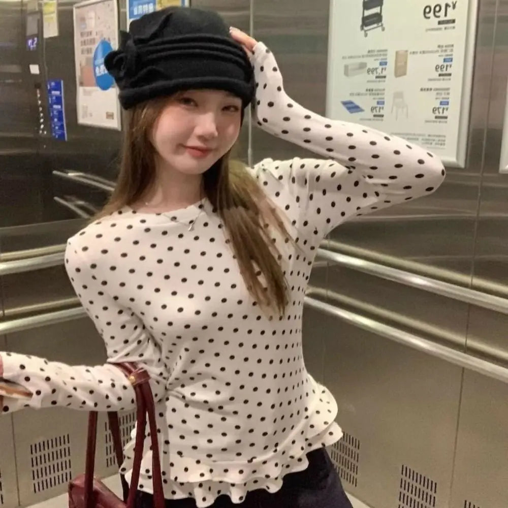 Polka Dot Ruffle Trim Long Sleeve T-Shirt