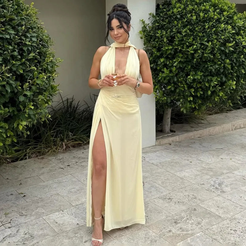 Halter Drape Deep Neck Slit  Long Dress