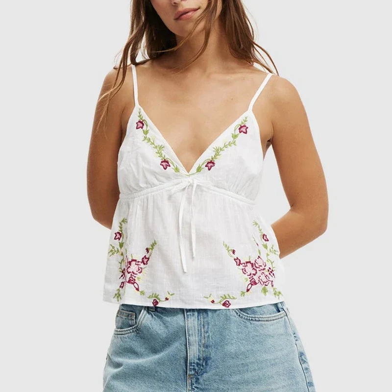 White Embroidery Flower Drawstring Top