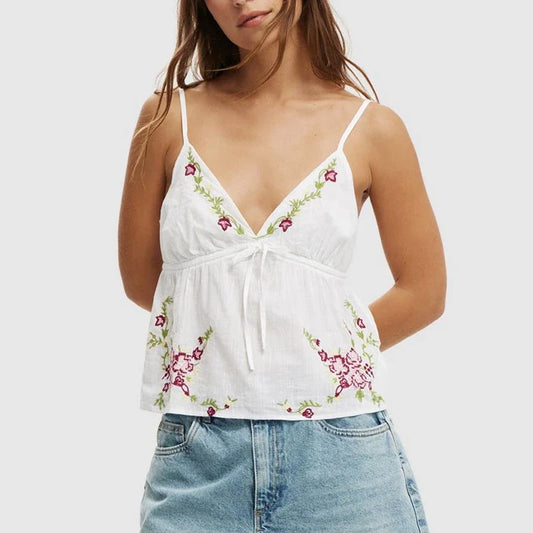 White Embroidery Flower Drawstring Top