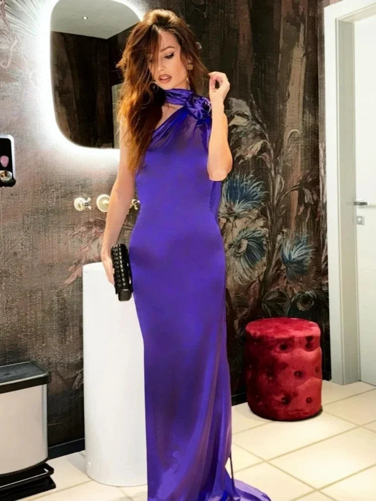 Purple Halter Neck 3D Flower Design Backless Long Dress