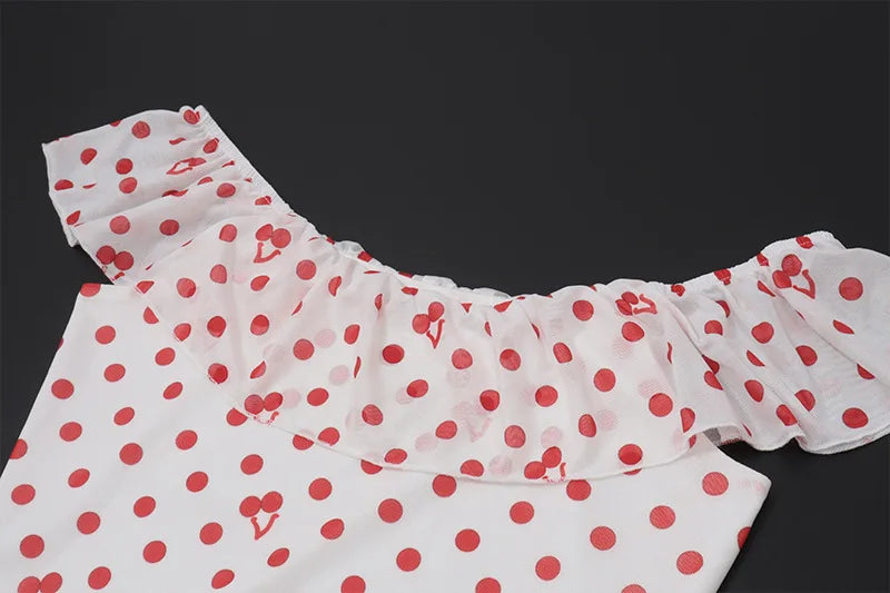 Red Off Shoulder Ruffled Polka Dot Printed Maxi Dress