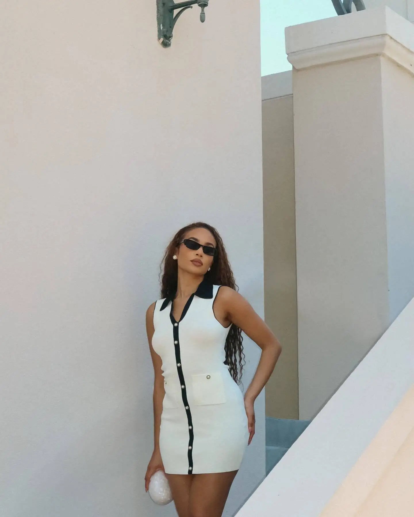 White Contrast Buttoned Collar Mini Dress