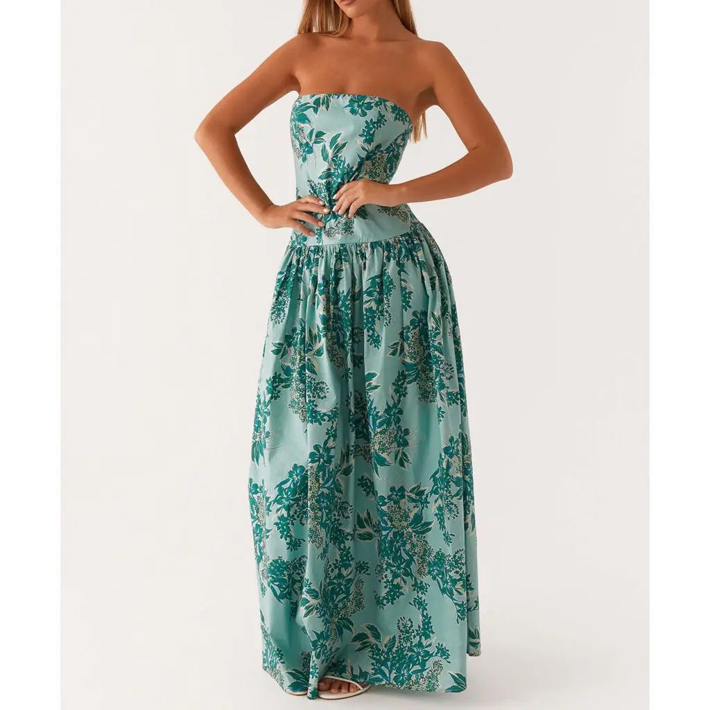 Strapless Dot/Floral Print Pleated Tube Long Dress - A-Line Fit