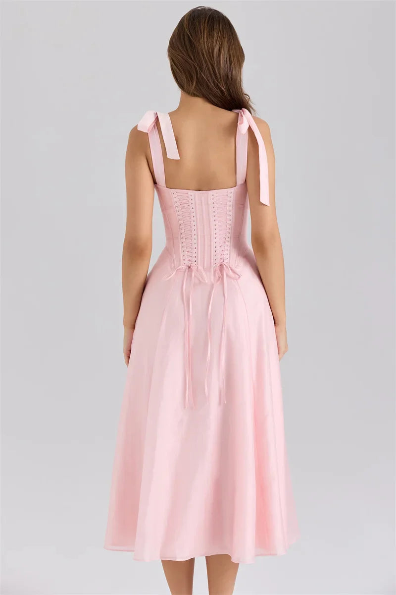 Pink Tie Strap Back Lace Up Midi Dress