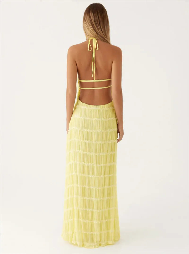 Halter Textured Open Back Maxi Dress
