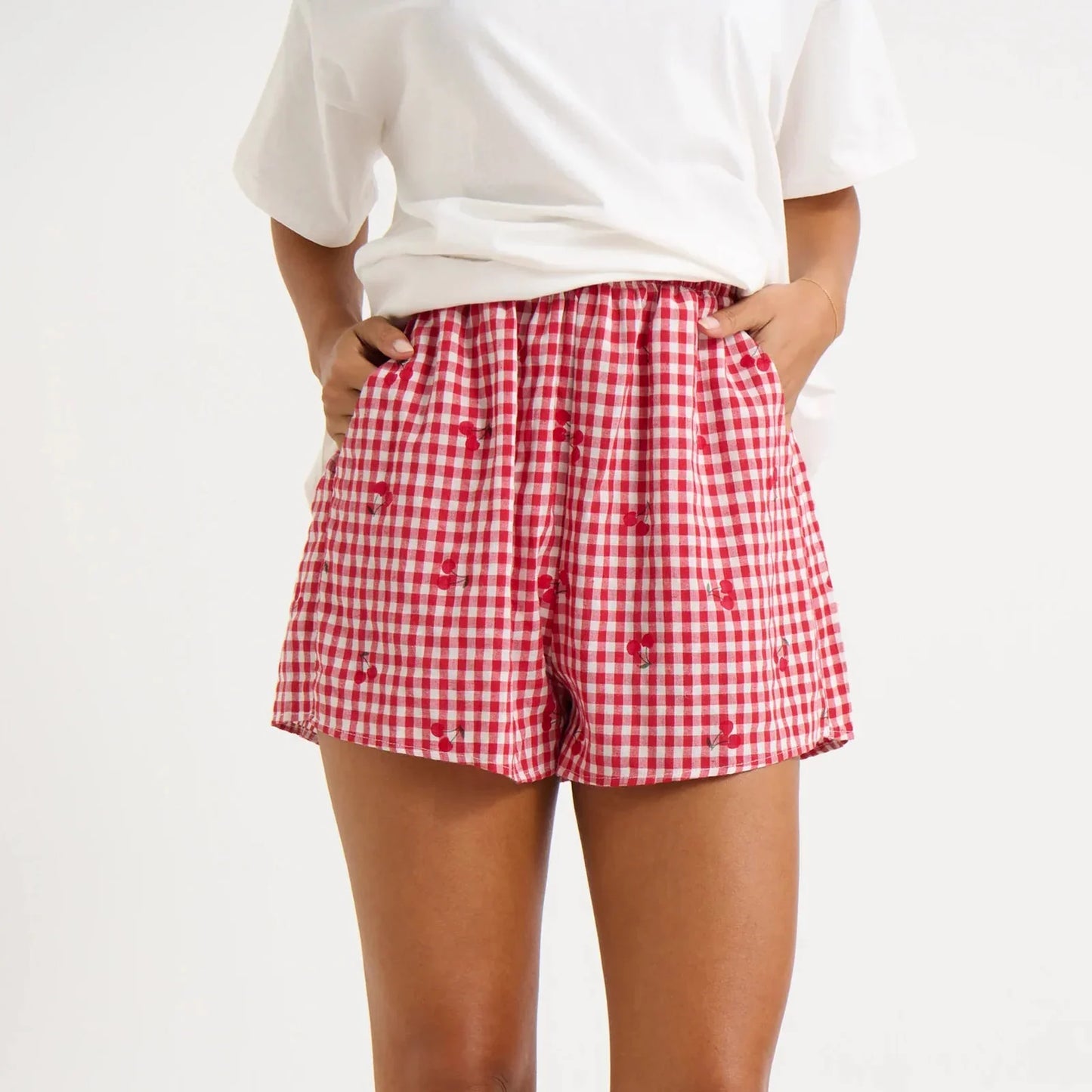 Red Plaid Cherry Print High-Waist Shorts - Summer Vibe
