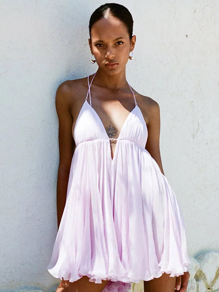 Chiffon Strap Mini Flare Dress - V-Neck A-Line