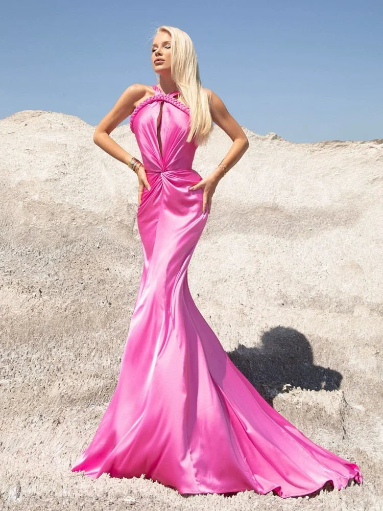 Braided Strap Satin Twisted Maxi Dress
