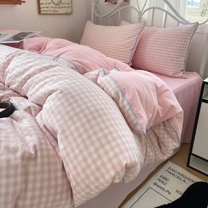 Simple Striped Bedding Set Washed Cotton Duvet Cover Sheet Pillowcase Queen King Size Boys Adults Bed Linens