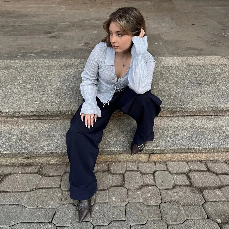 White Ruched Tie Up Long Sleeve Top