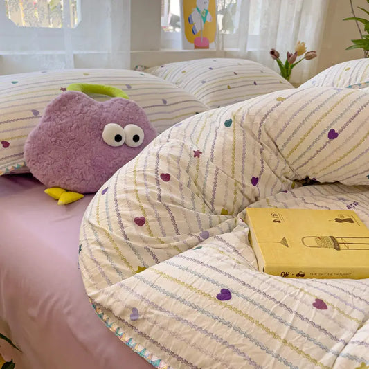 Ins Bedding Set Purple Love Stripe Double Layer Yarn Four Piece Dormitory Girl Heart Bed Sheet And Quilt Set Washed Cotton