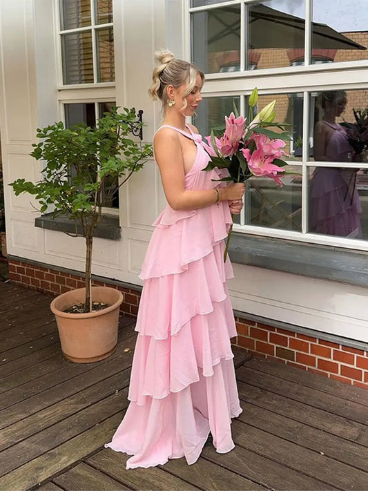Pink Pleated Halter Maxi Dress
