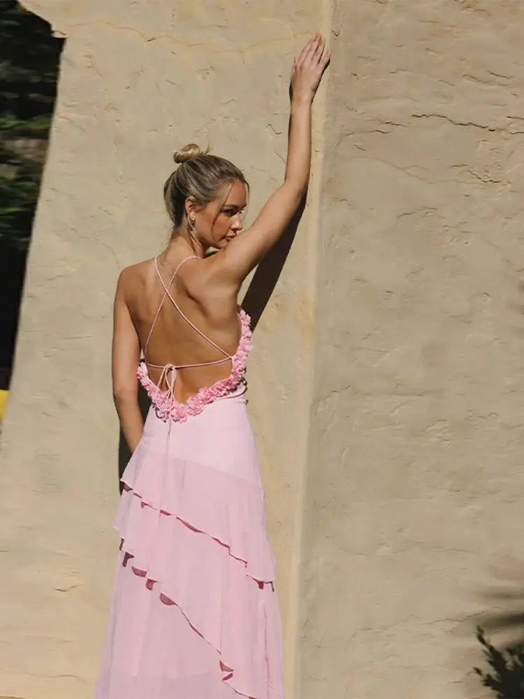 Pink 3d Floral Ruffles Maxi Dress