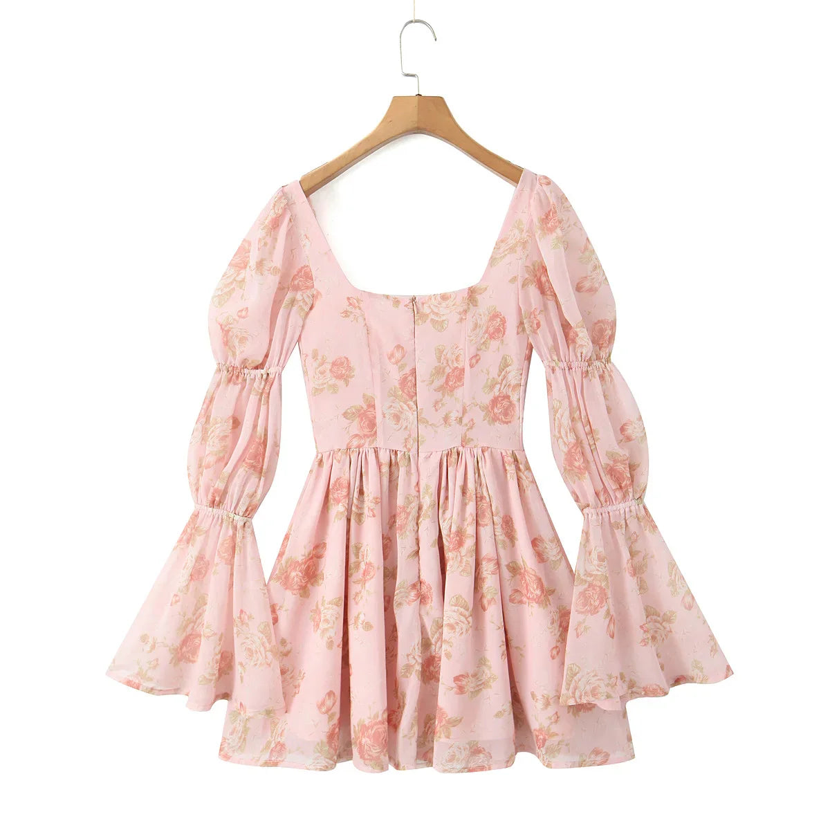 Floral Print Long Puff Sleeve Square Collar Mini Dress
