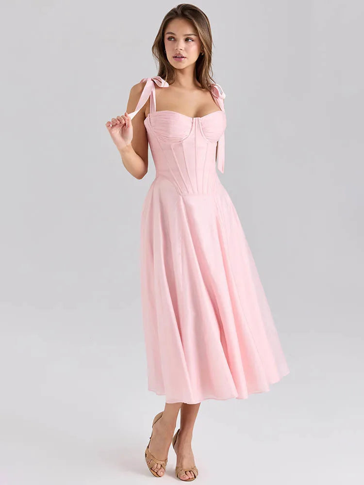 Pink Tie Strap Back Lace Up Midi Dress