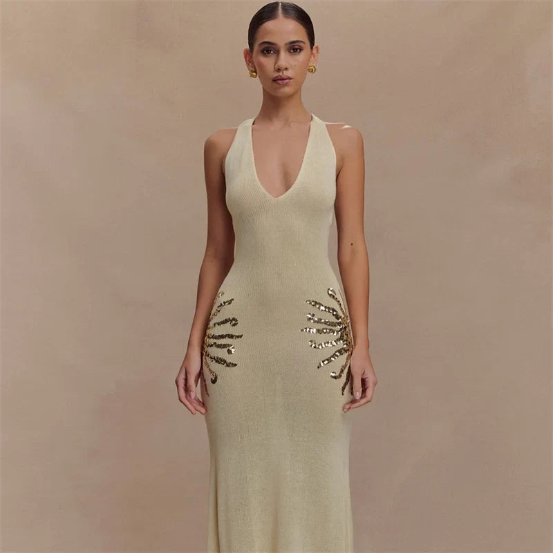 Sequins Embroidered Knit Maxi Dress