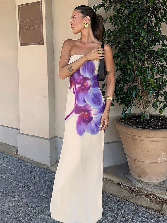 Orchid Floral Print Strapless Straight Maxi Dress