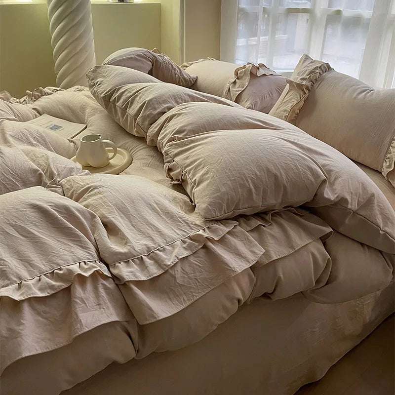 Ins Princess Bedding Set Double Layer Lace Simple Solid Duvet Cover Soft Wash Cotton 4pcs For Girl Spring Home Textiles