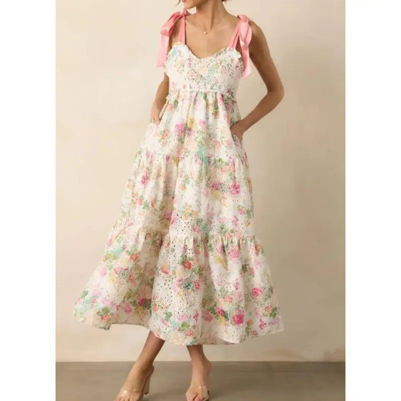 Floral Print Tie Up Smocked A-line Long Dress