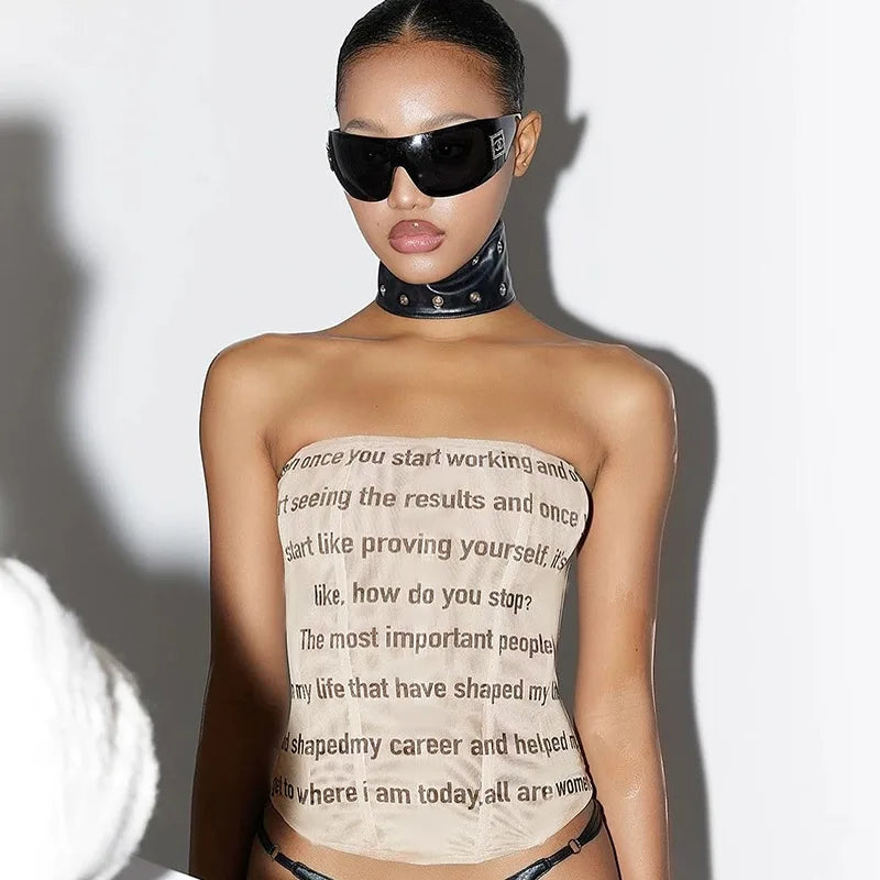 Letter Printed Mesh Strapless Crop Top - High Stretch Tank