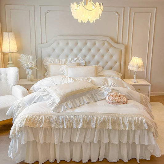4/6Pcs Vintage French  Double Layer Ruffles Princess Wedding 100% Cotton Bedding Set Duvet Cover Bed Skirt Bedspread Pillowcases