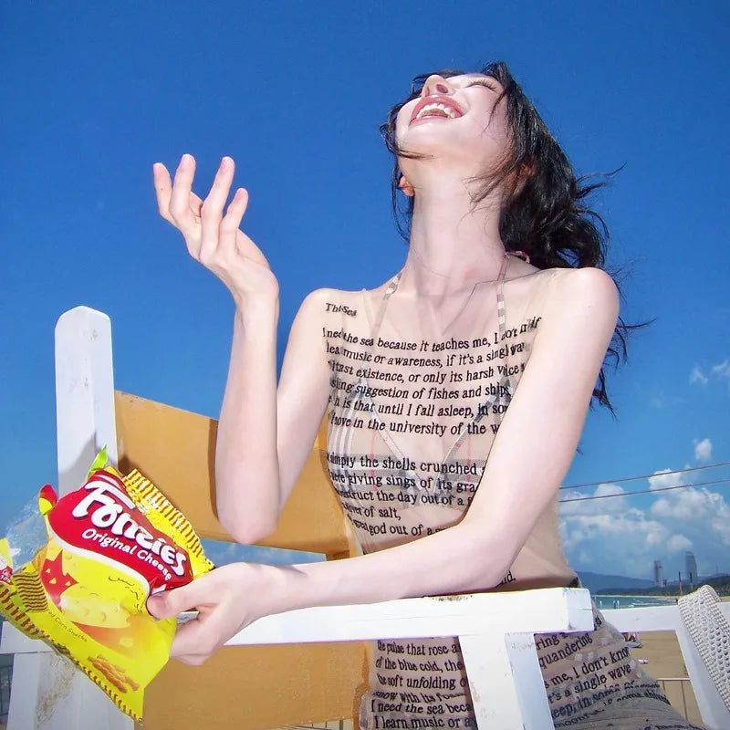 Letter Print Transparent Mesh Tank Mini Dress - Beach Style A-Line