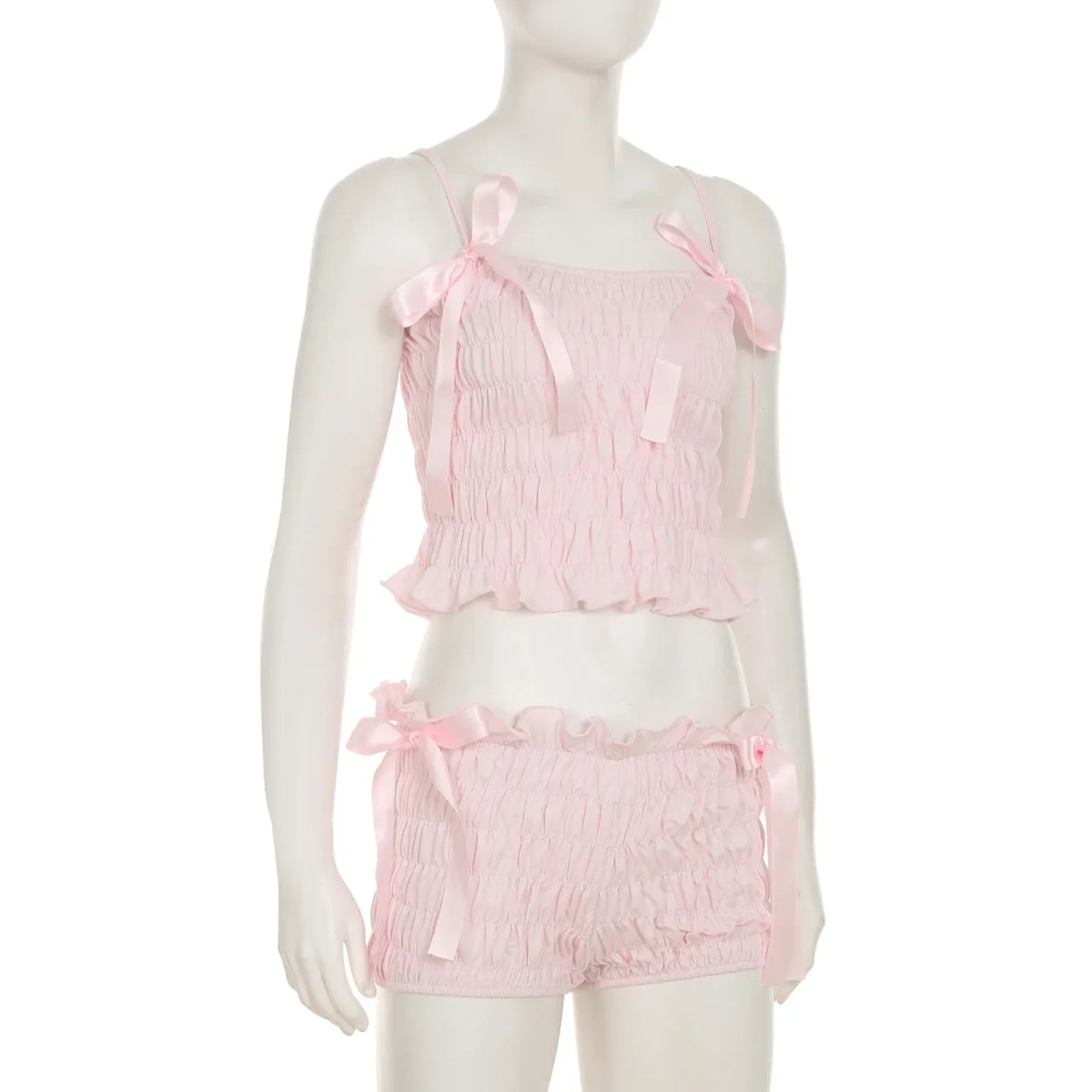 Pink Bowknot Ruched Strap Top And Shorts Set