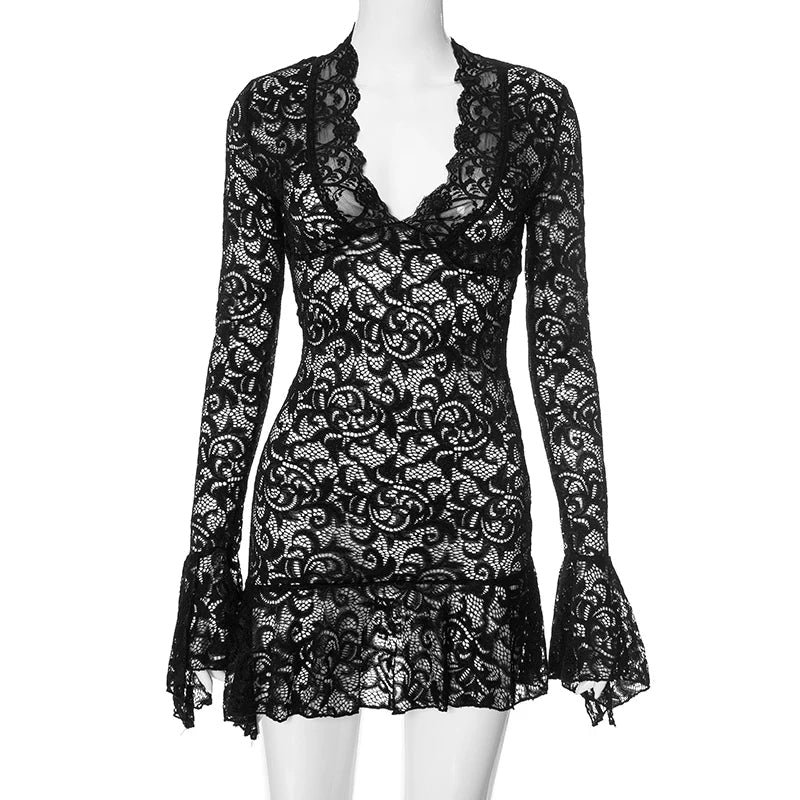 Lace Ruffles Long Sleeve Mini Dress