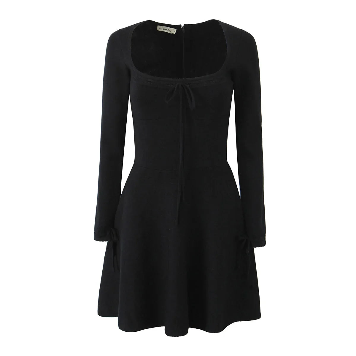 Ribbed Square Neck Long Sleeve Ribbion Mini Dress