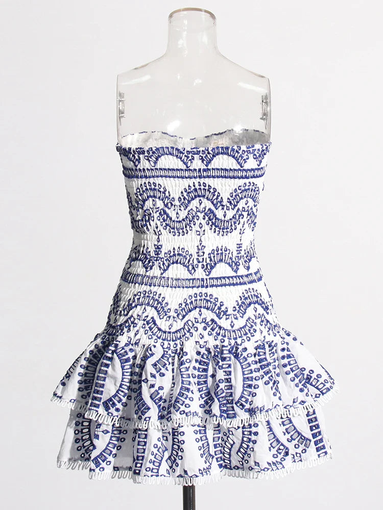 Ruched Strapless Embroidered Frill Mini Dress