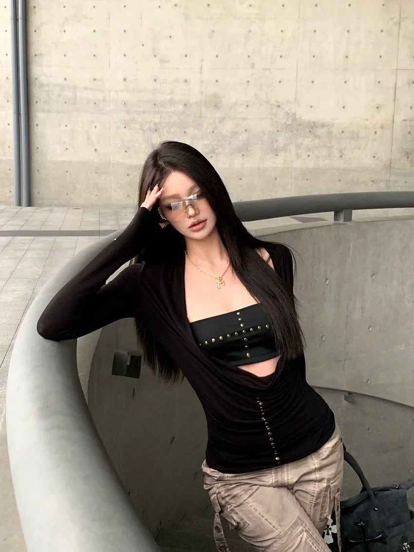 Black Long Sleeve Cut Out Drape Halter Top - Y2K Skinny Fit