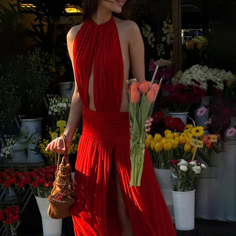 Deep Open Back Sheer Halter Maxi Dress