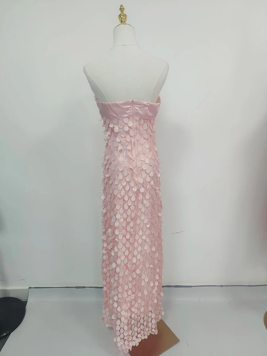 Strapless Sequins Beaded Midi Dress - A-Line Fit