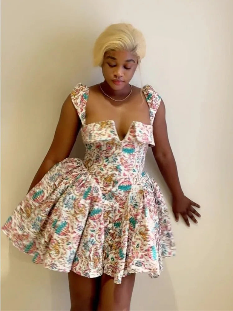 Floral Printed A-Line Low Cut Mini Dress