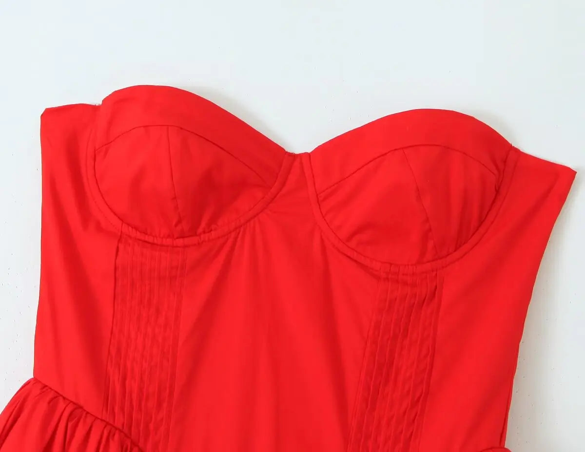 Red Bustier Pleated Flare Midi Dress