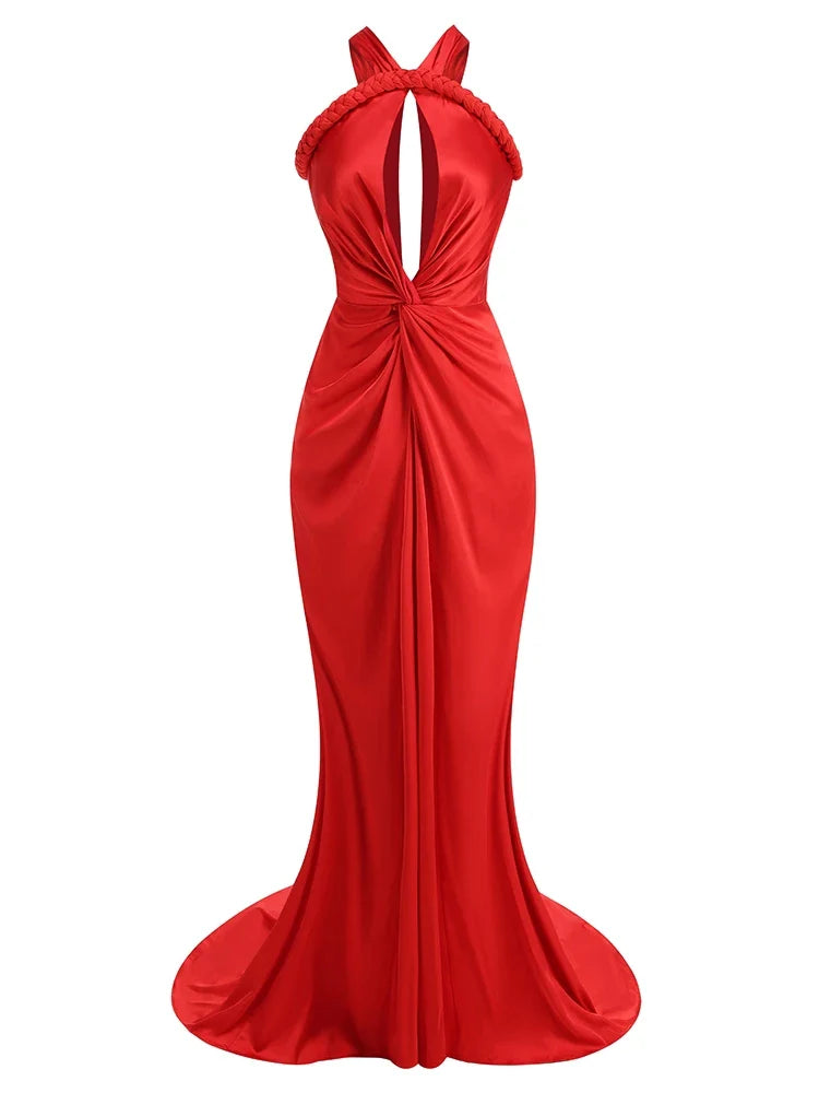 Braided Strap Satin Twisted Maxi Dress
